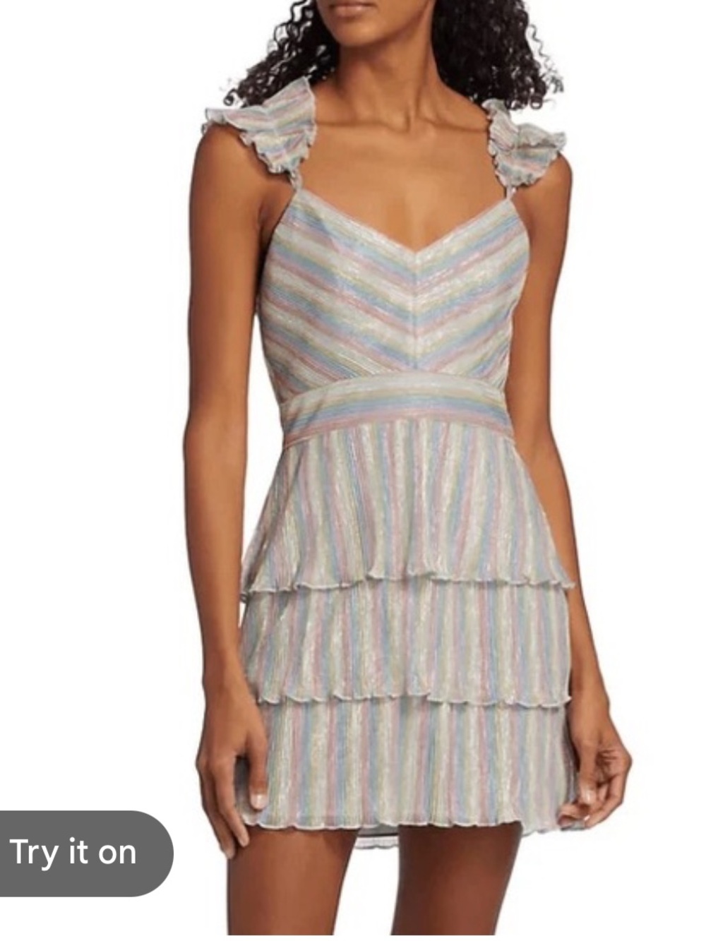 NWT Saylor Alma Rainbow Striped Metallic Plissé Ruffled V-Neck Mini Dress M